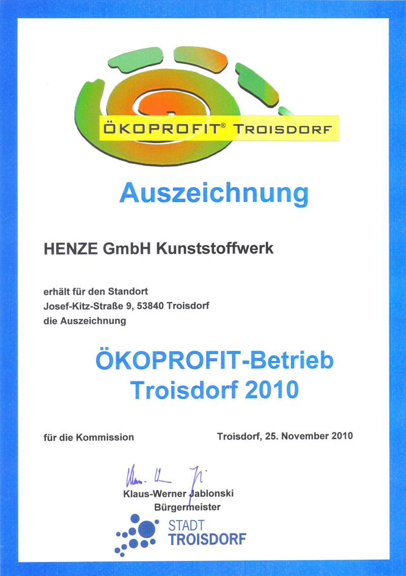 Auszeichnung Ökoprofit-Betrieb Troisdorf 2010